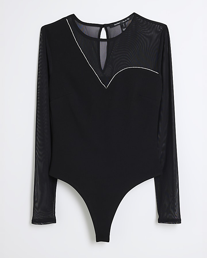 Black Mesh Long Sleeve Bodysuit