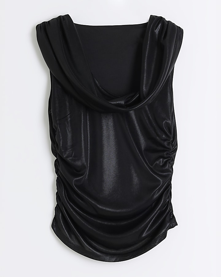 Black Sleeveless Cowl Drape Top