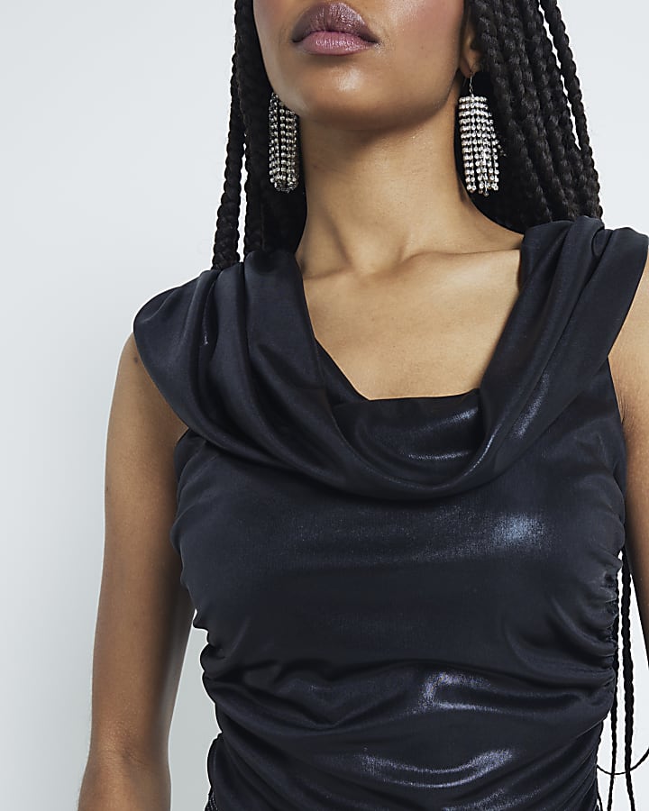 Black Sleeveless Cowl Drape Top