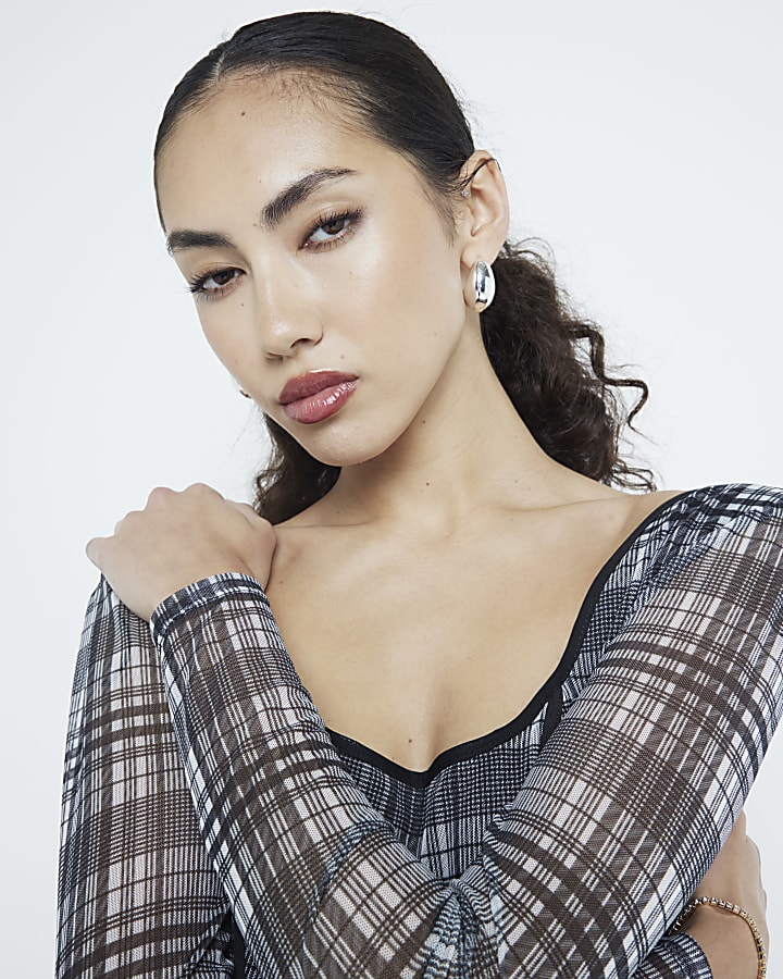 Grey Mesh Long Sleeve Check Corset Top