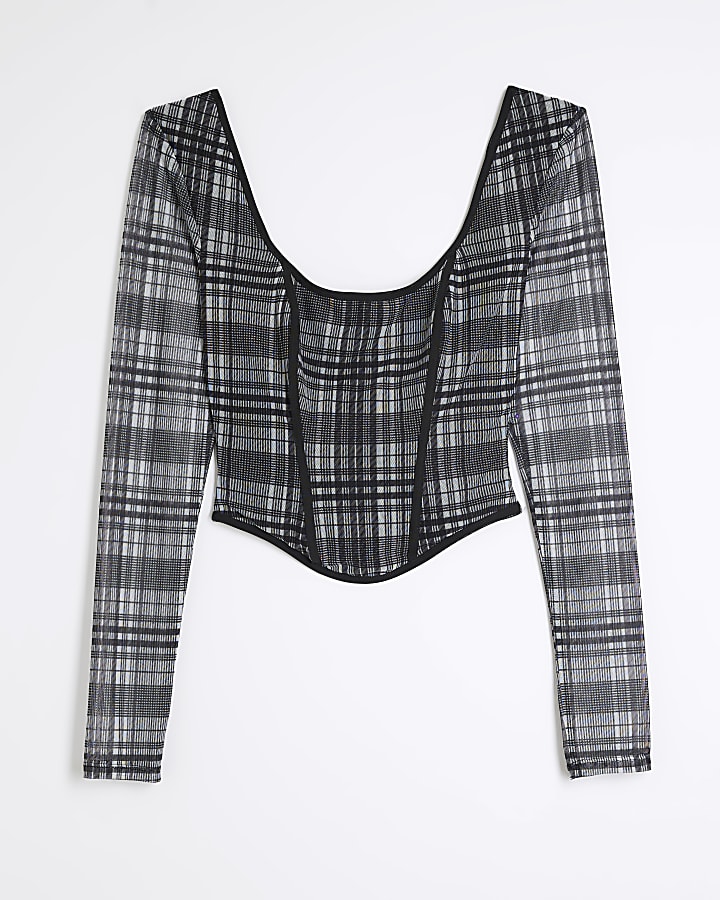 Grey Mesh Long Sleeve Check Corset Top