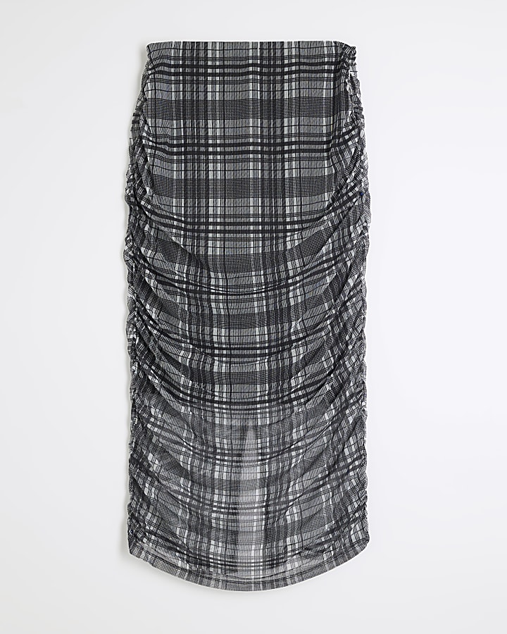 Grey Mesh Check Ruched Pencil Midi Skirt