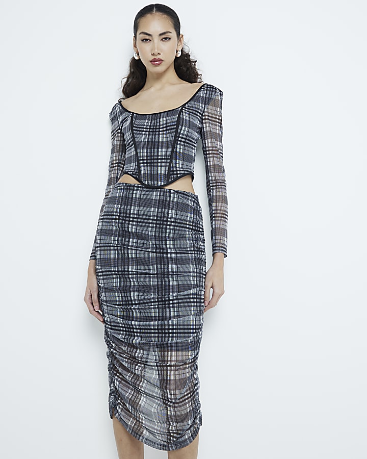 Grey Mesh Check Ruched Pencil Midi Skirt