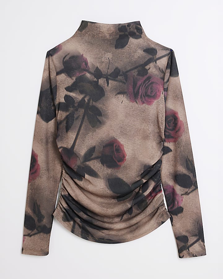 Beige Mesh Floral Ruched Top