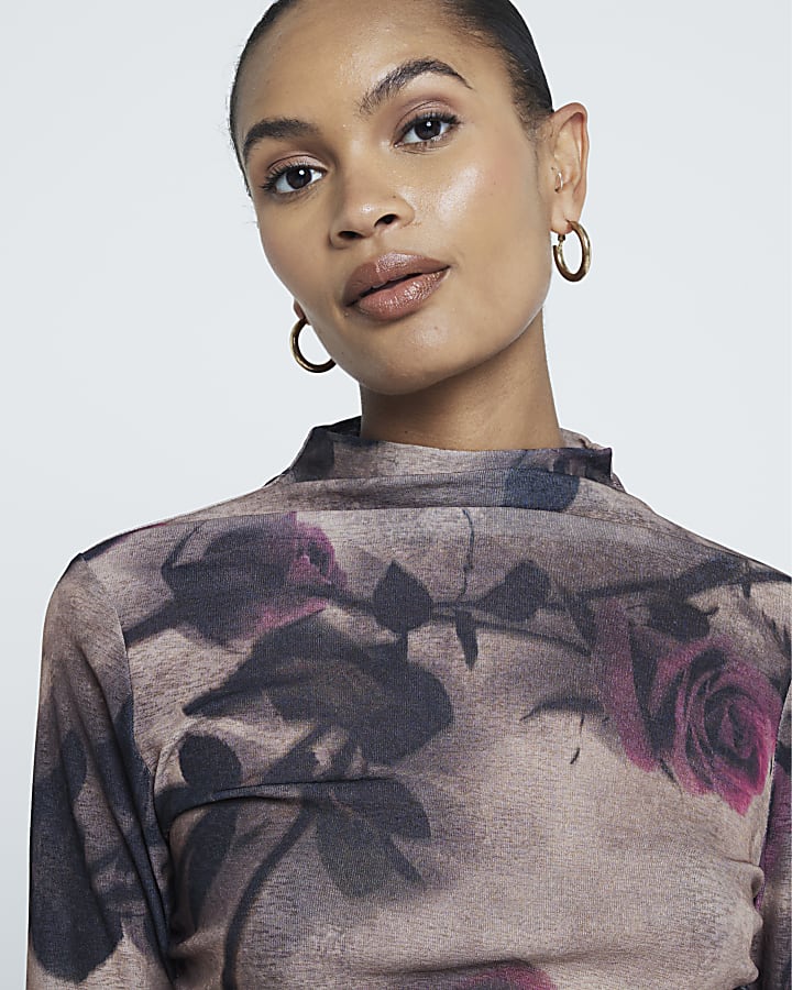 Beige Mesh Floral Ruched Top