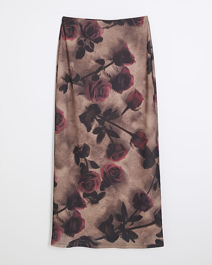 Beige Floral Mesh Midi Skirt