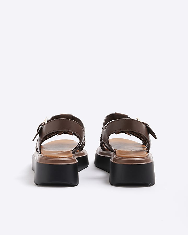 Brown Faux Leather Flatform Sandals