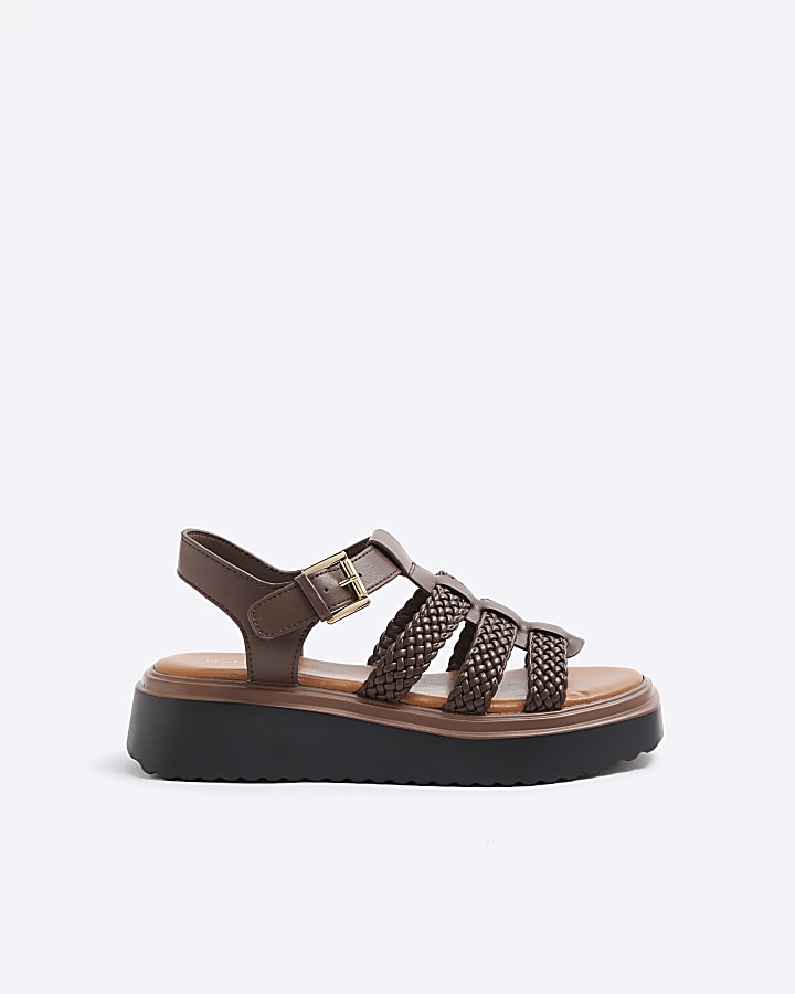 Brown Faux Leather Flatform Sandals