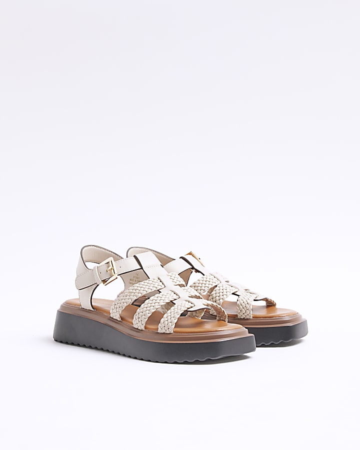 Cream Faux Leather Flatform Sandals