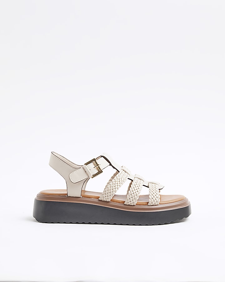 Cream Faux Leather Flatform Sandals