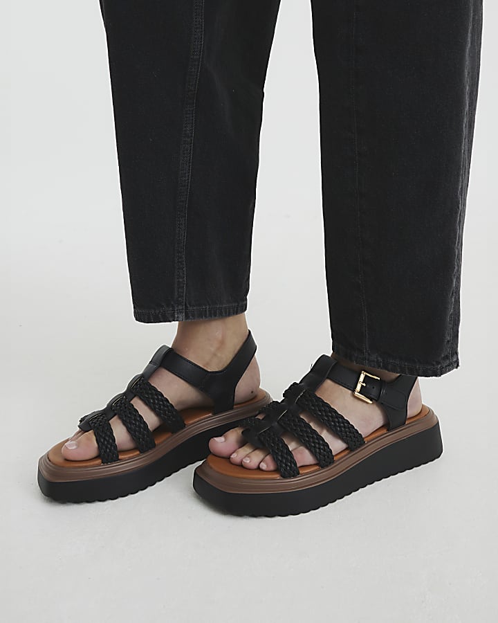 Black Faux Leather Flatform Sandals