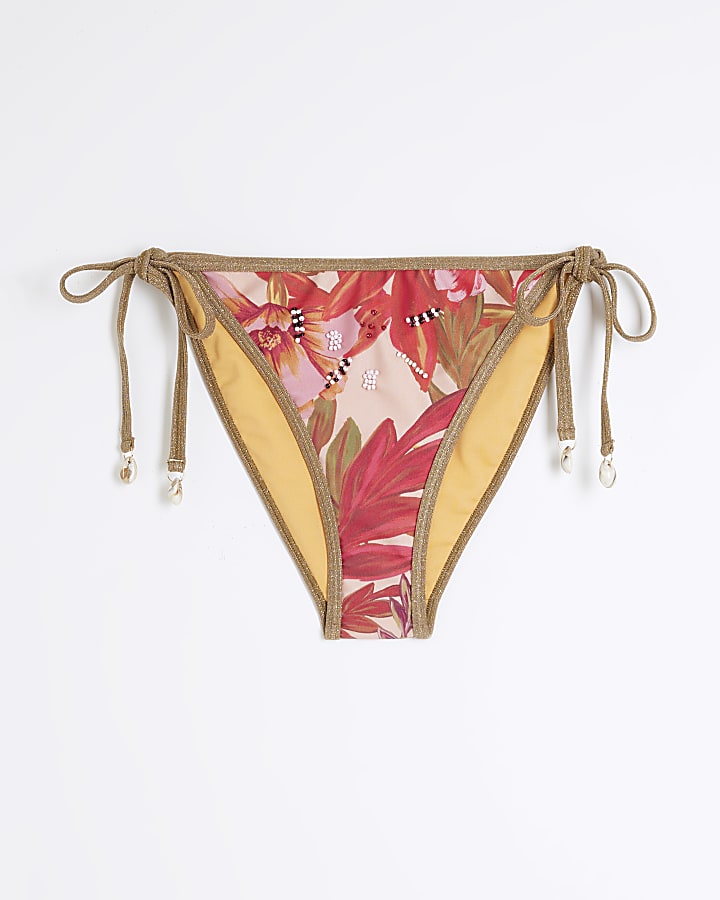 Pink Floral Tie Side Bikini Bottoms