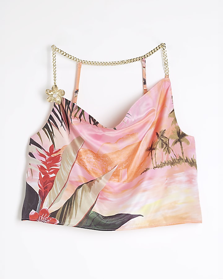 Pink Printed Cowl Neck Chain Trim Top