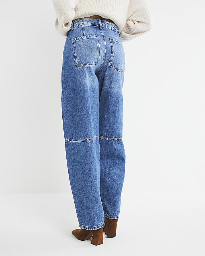 Blue Denim Seamed Barrel Jeans