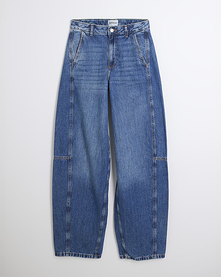 Blue Denim Seamed Barrel Jeans