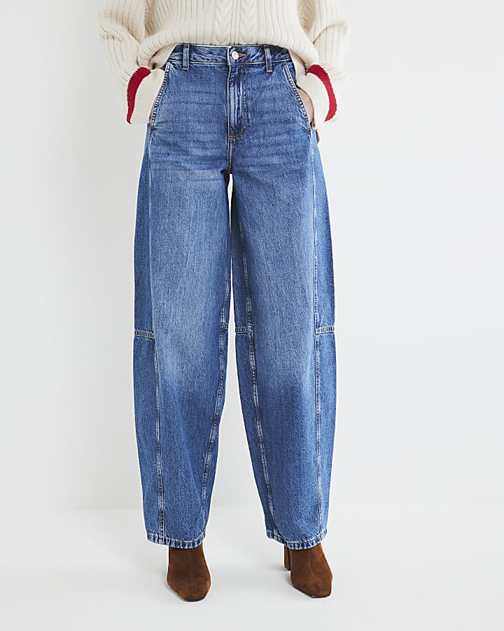 Blue Denim Seamed Barrel Jeans