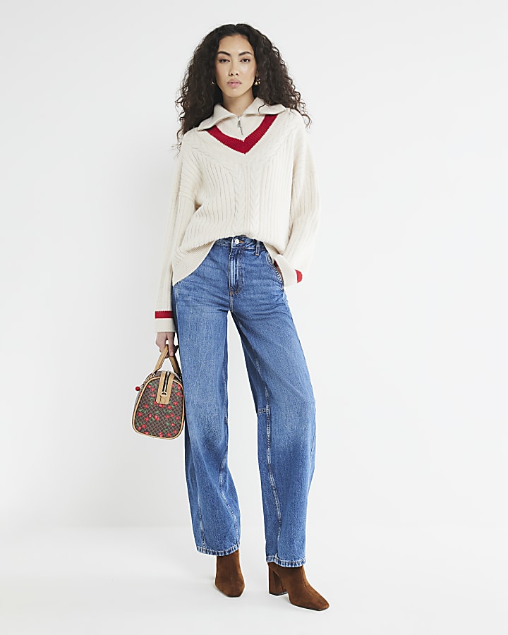 Blue Denim Seamed Barrel Jeans