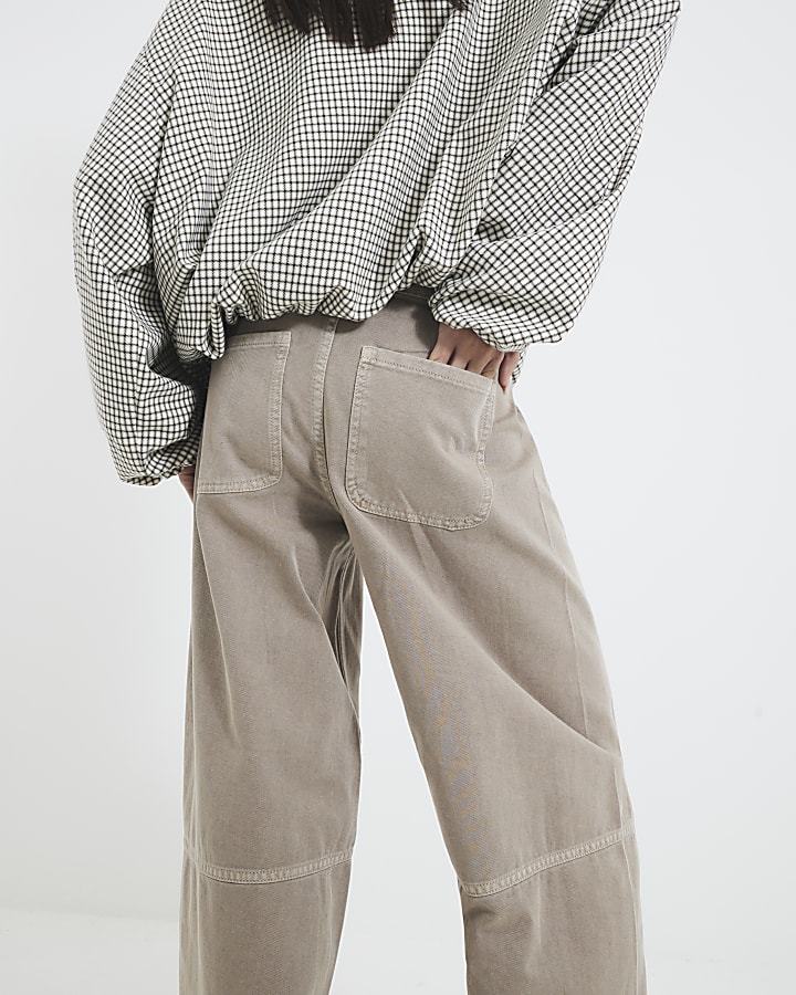 Beige Denim Seamed Barrel Jeans