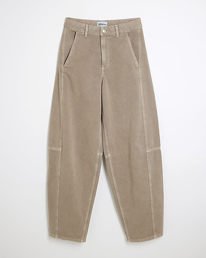 Beige Denim Seamed Barrel Jeans