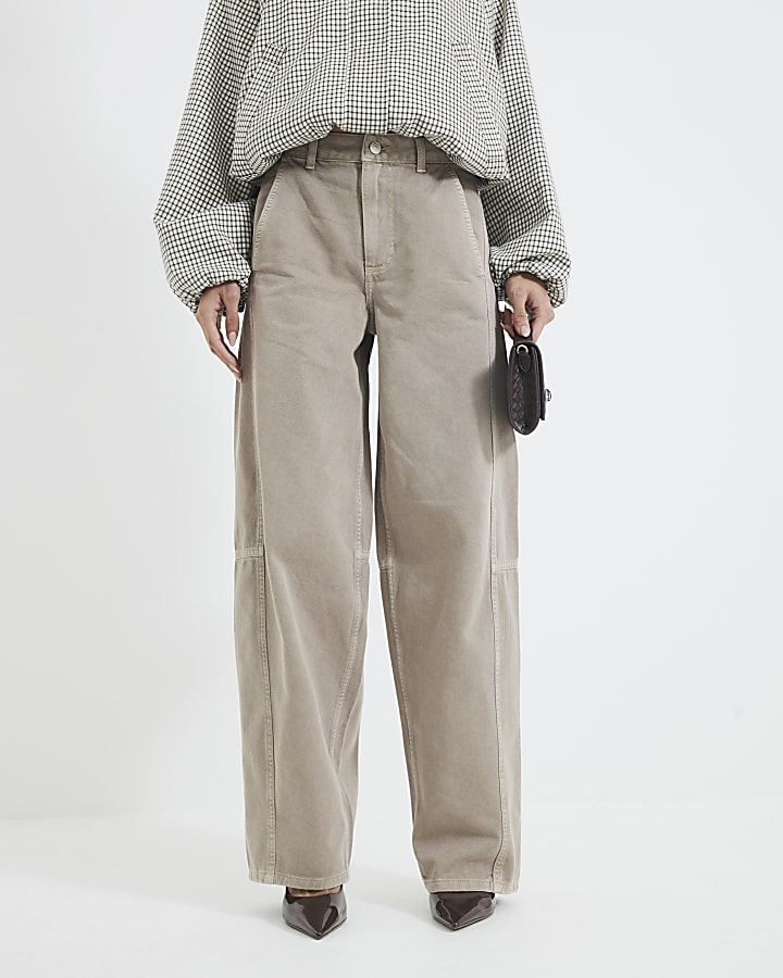 Beige Denim Seamed Barrel Jeans