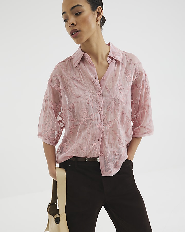 Pink Short Sleeve Floral Embroidered Shirt