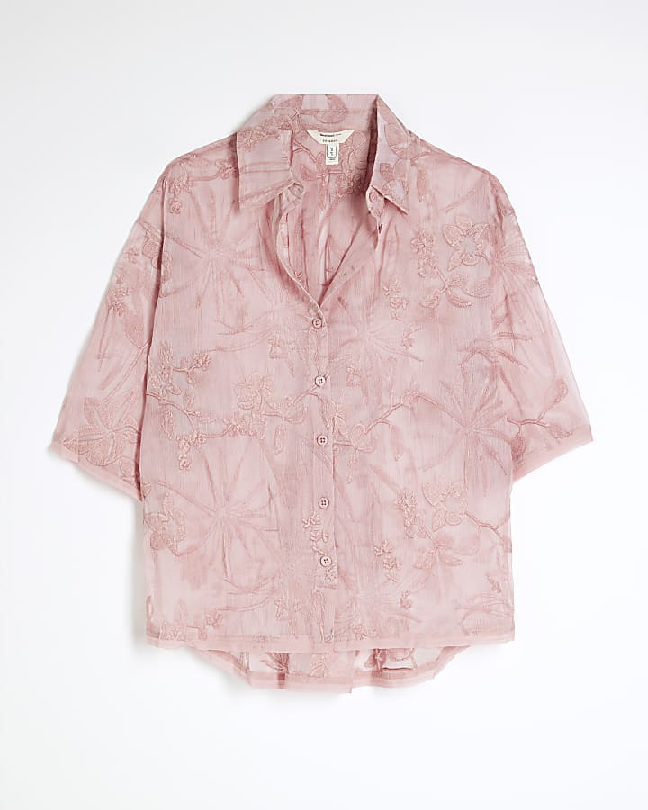 Pink Short Sleeve Floral Embroidered Shirt