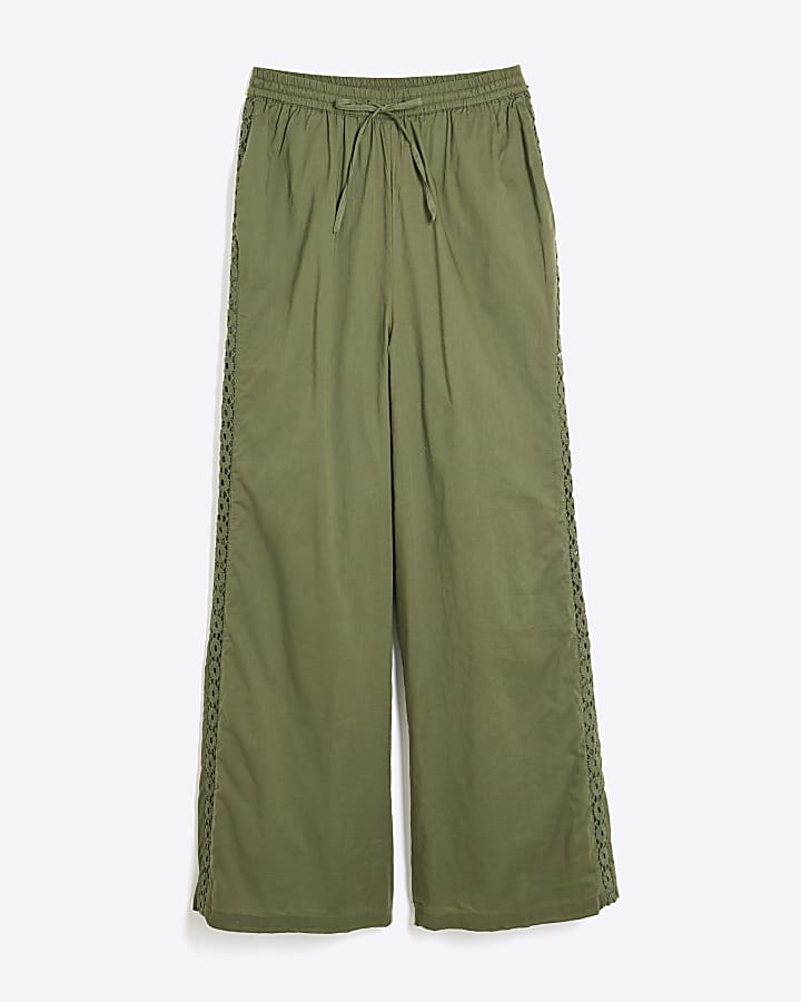 Khaki Lace Insert Wide Leg Trousers