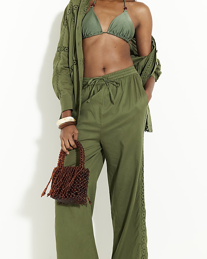 Khaki Lace Insert Wide Leg Trousers