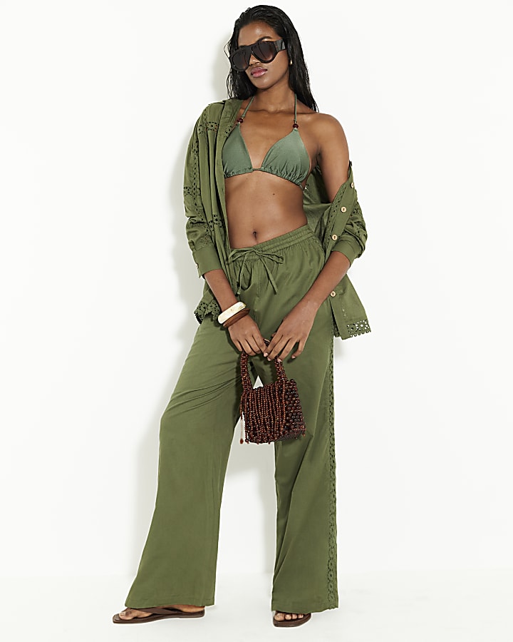 Khaki Lace Insert Wide Leg Trousers