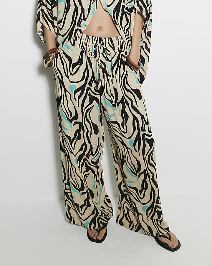 Cream Zebra Print Wide Leg Trousers