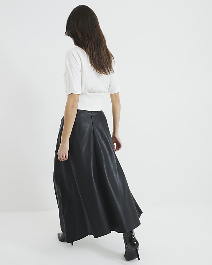 Black Faux Leather Asymmetric Hem Midi Skirt