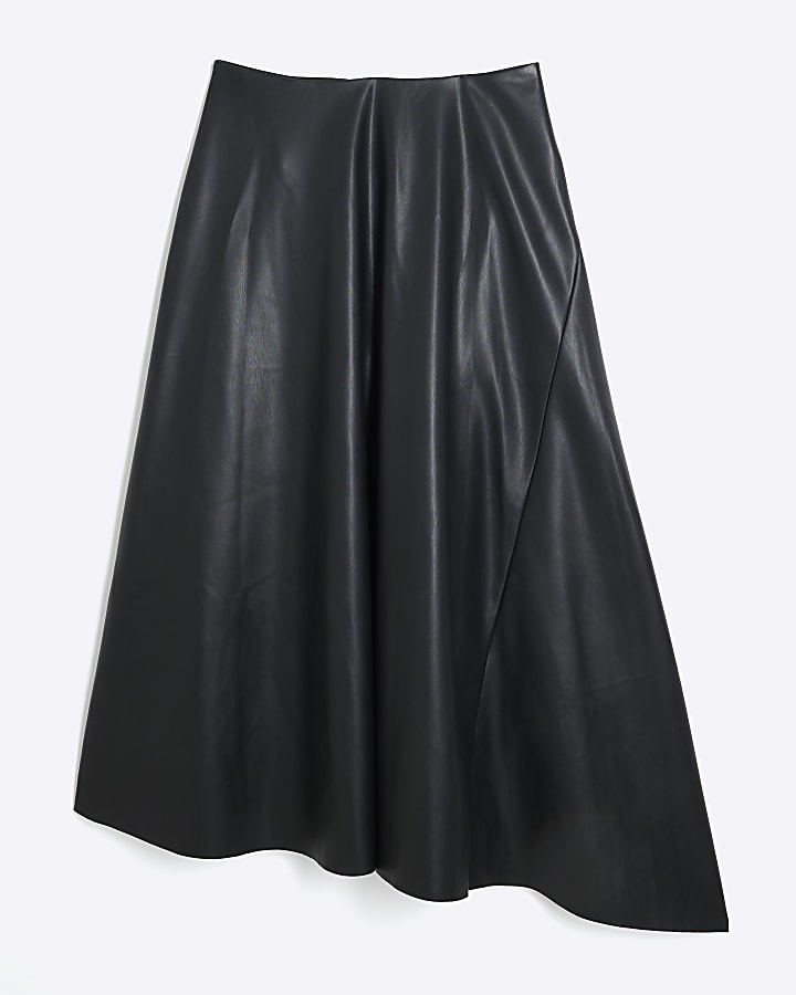 Black Faux Leather Asymmetric Hem Midi Skirt