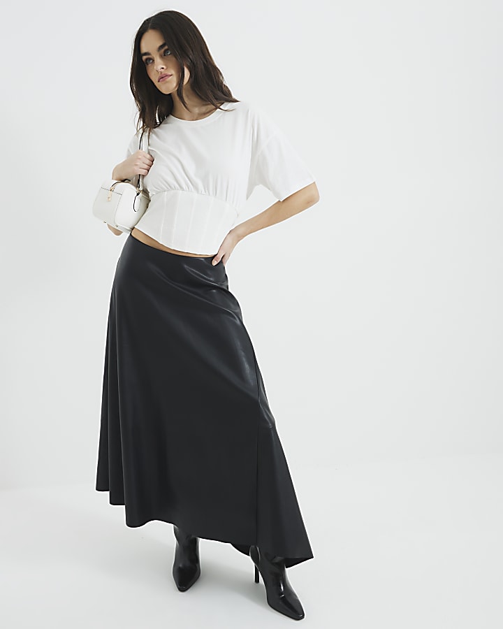 Black Faux Leather Asymmetric Hem Midi Skirt