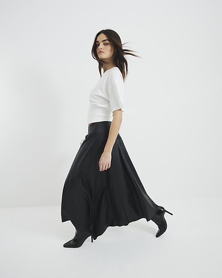 Black Faux Leather Asymmetric Hem Midi Skirt