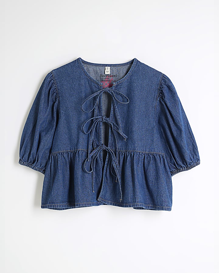 Blue Denim Puff Sleeve Tie Front Top