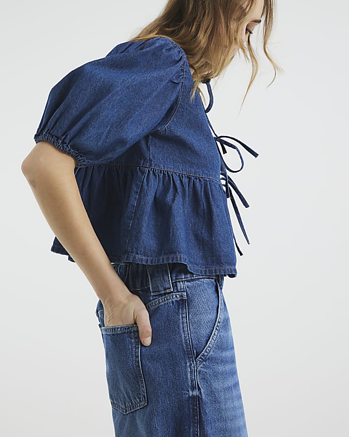 Blue Denim Puff Sleeve Tie Front Top