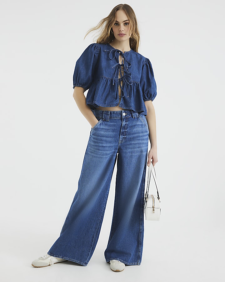 Blue Denim Puff Sleeve Tie Front Top 