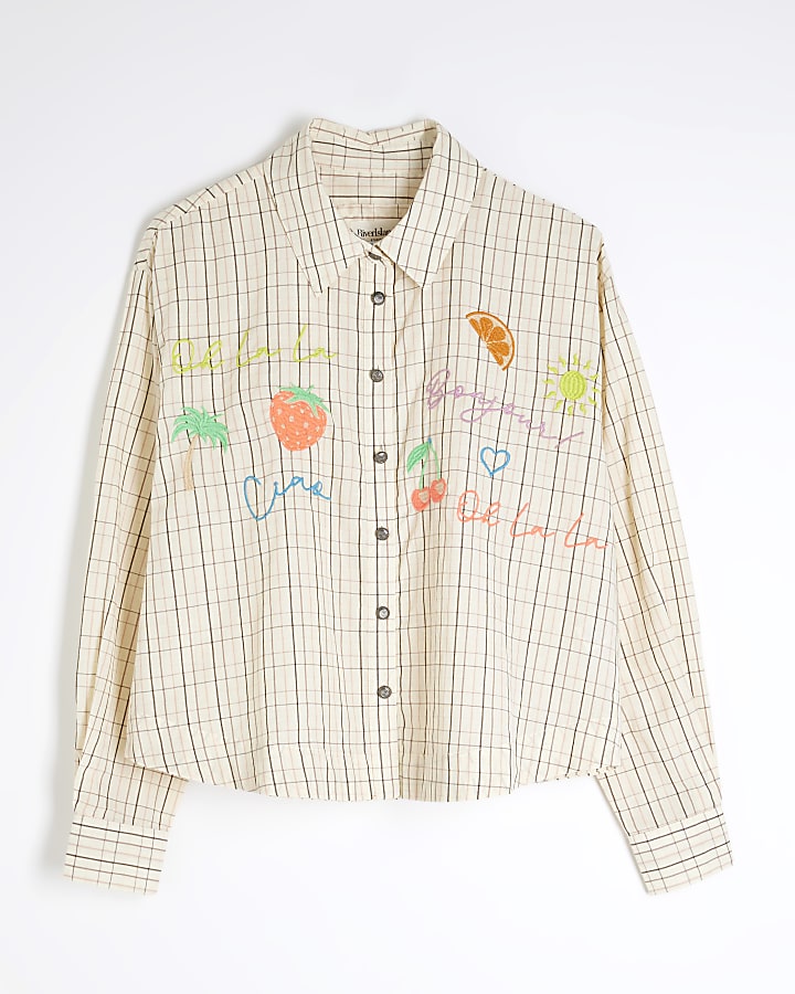 Cream Long Sleeve Embroidered Check Shirt