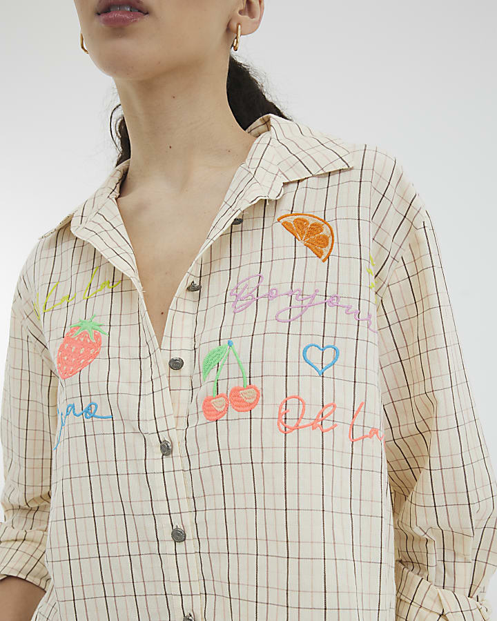 Cream Long Sleeve Embroidered Check Shirt