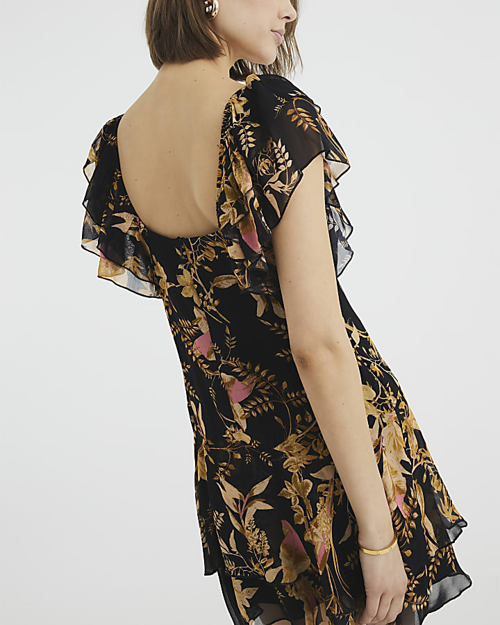 Black Short Sleeve Floral Shift Dress