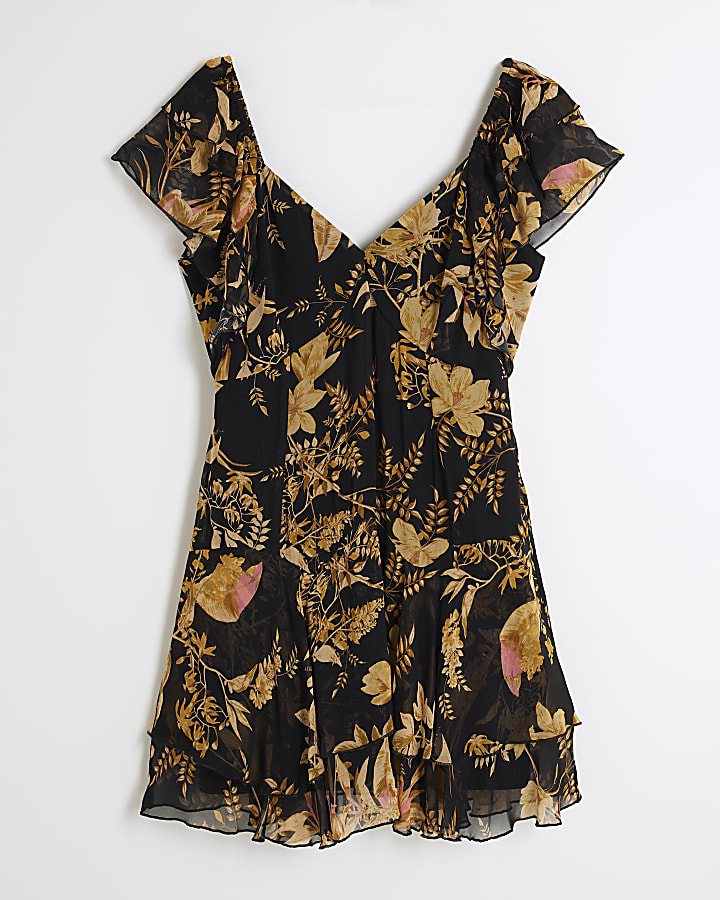 Black Short Sleeve Floral Shift Dress