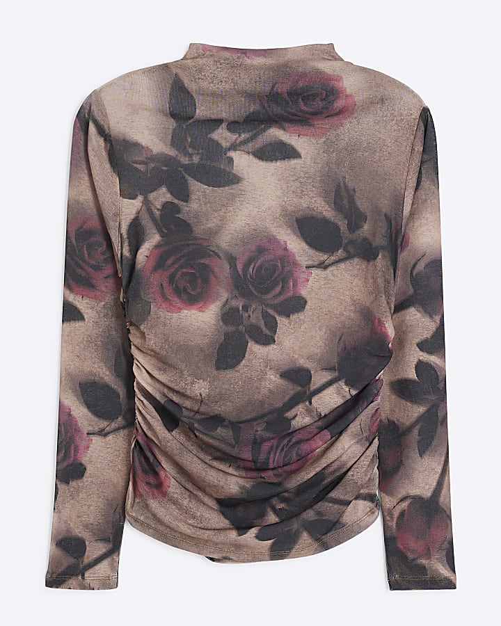 Petite Beige Mesh Floral Ruched Top