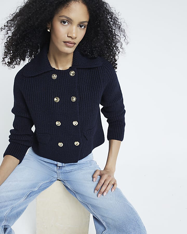 Navy Double Breasted Cardigan