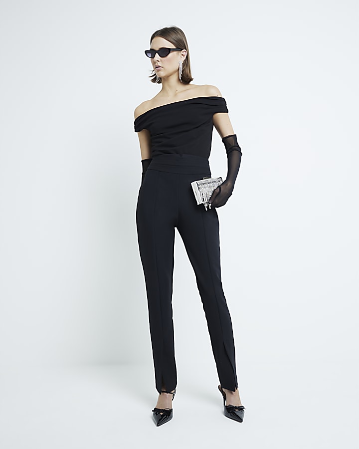 Black High Waisted Split Hem Trousers