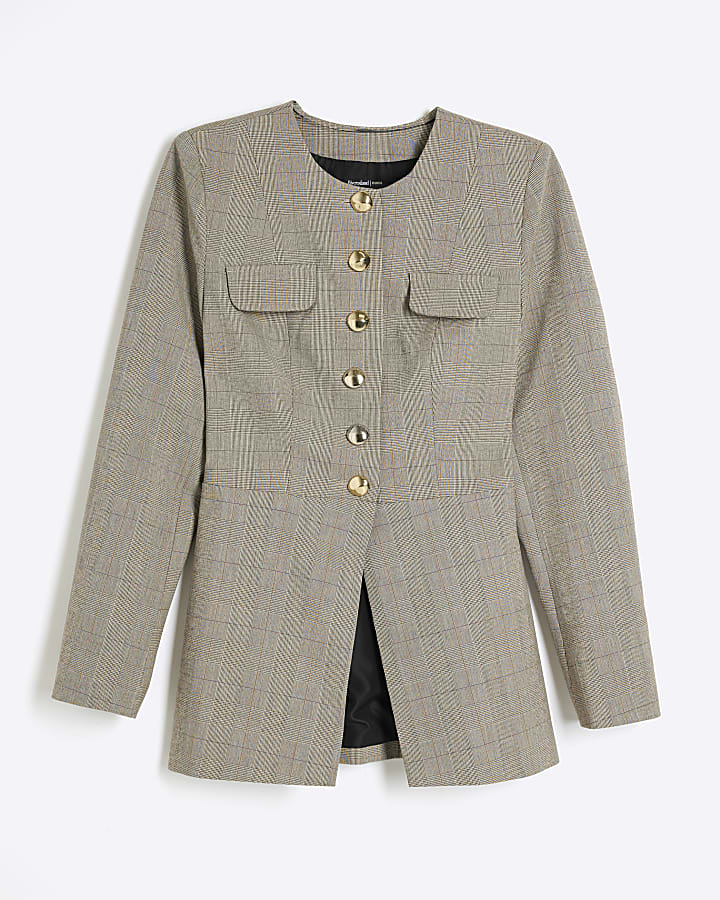 Brown Checked button up Military blazer