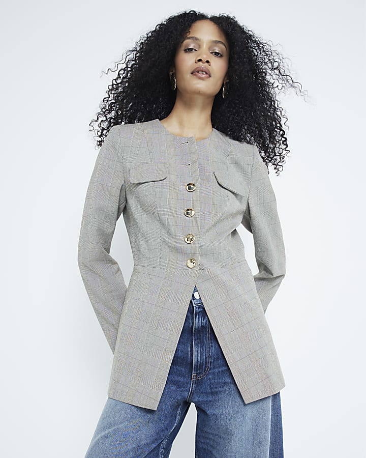 Brown Checked button up Military blazer