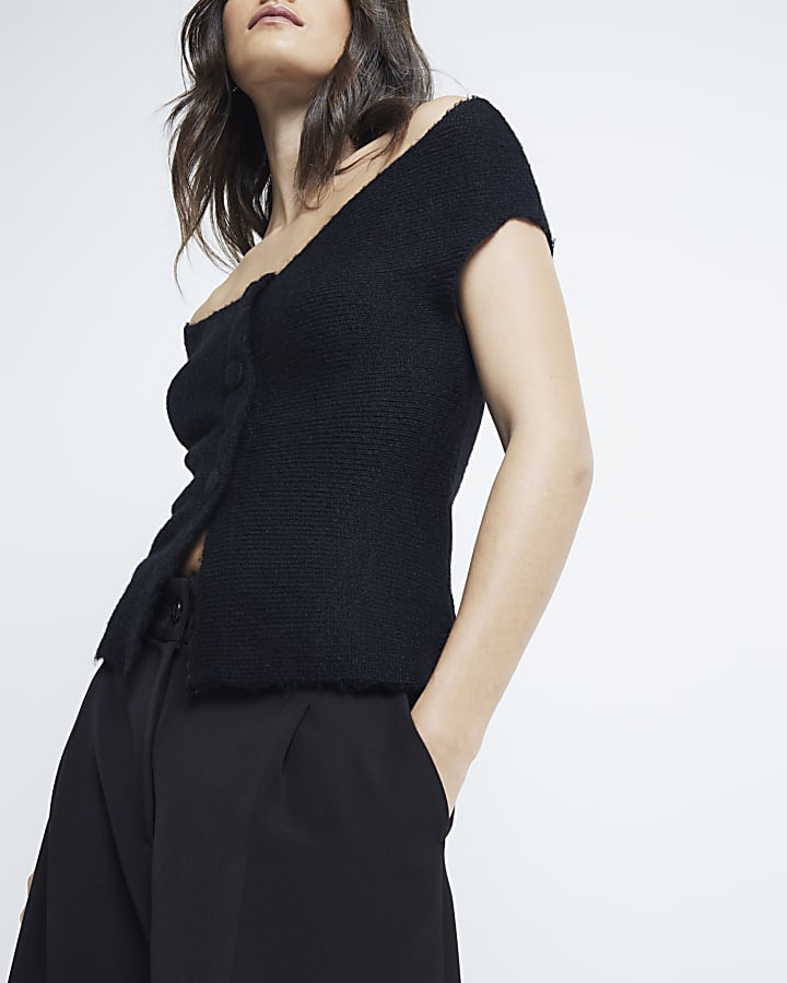 Black Off Shoulder Knit Bardot Top