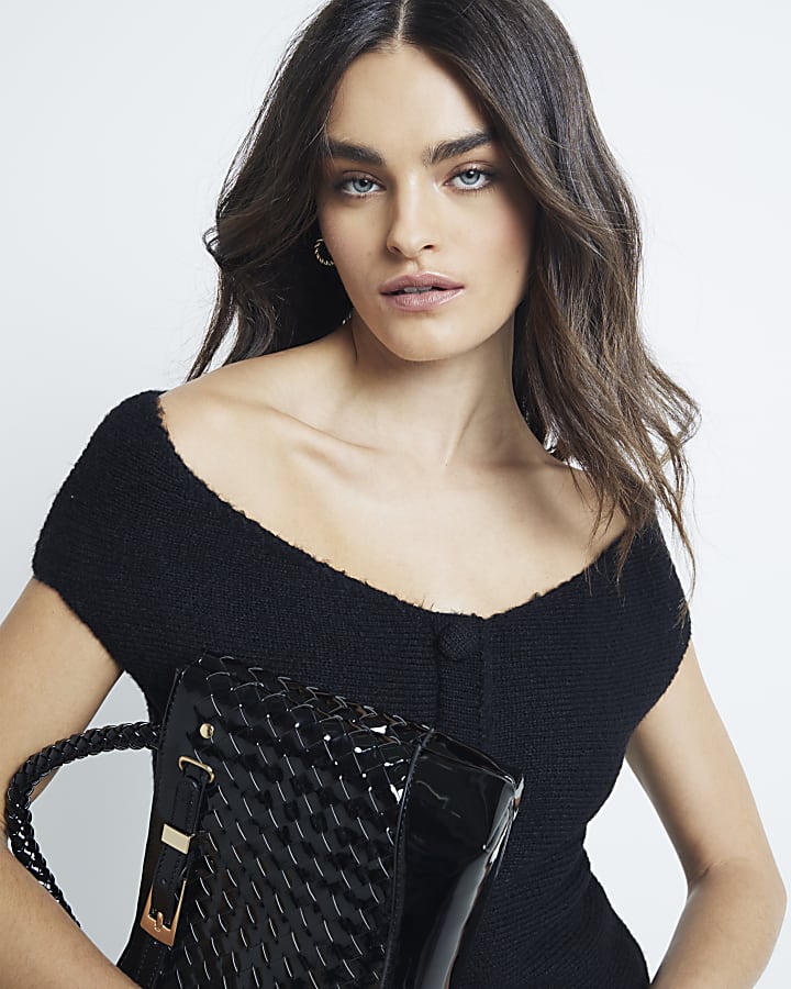 Black Off Shoulder Knit Bardot Top