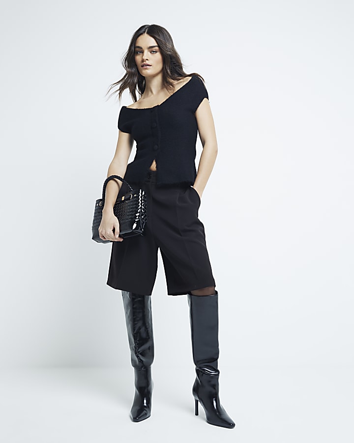 Black Off Shoulder Knit Bardot Top