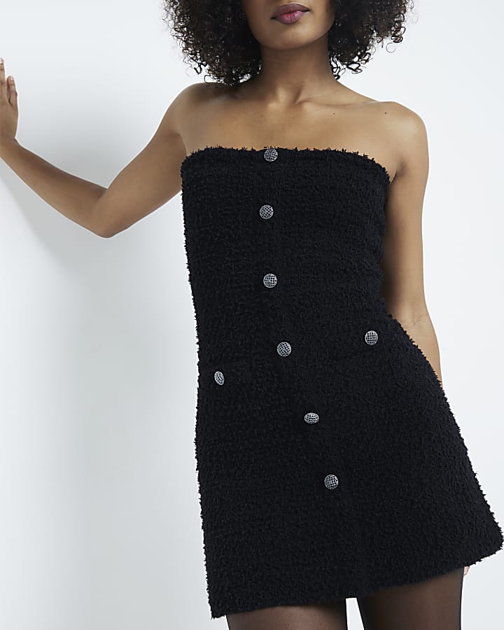 Black Boucle Bandeau Mini Dress